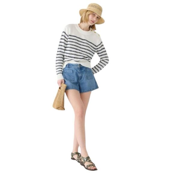 J Crew Sweater WMNS XS White Linen Blend Relaxed Beach Striped Gold Buttons - Picture 13 of 13